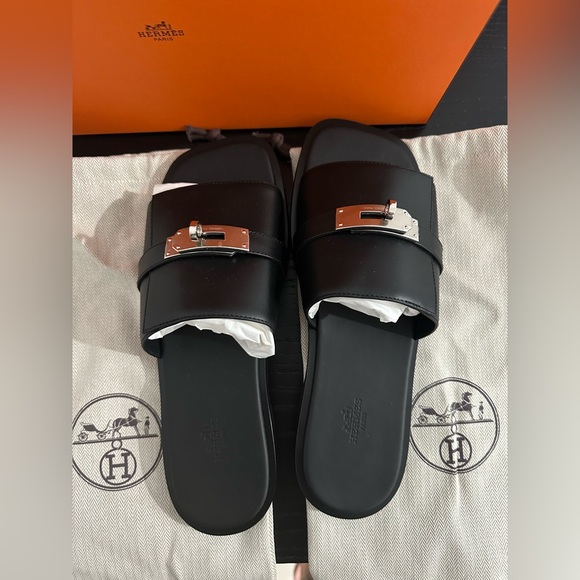 Hermes Gabriel Black Leather Slide Sandals with Silver Buckle